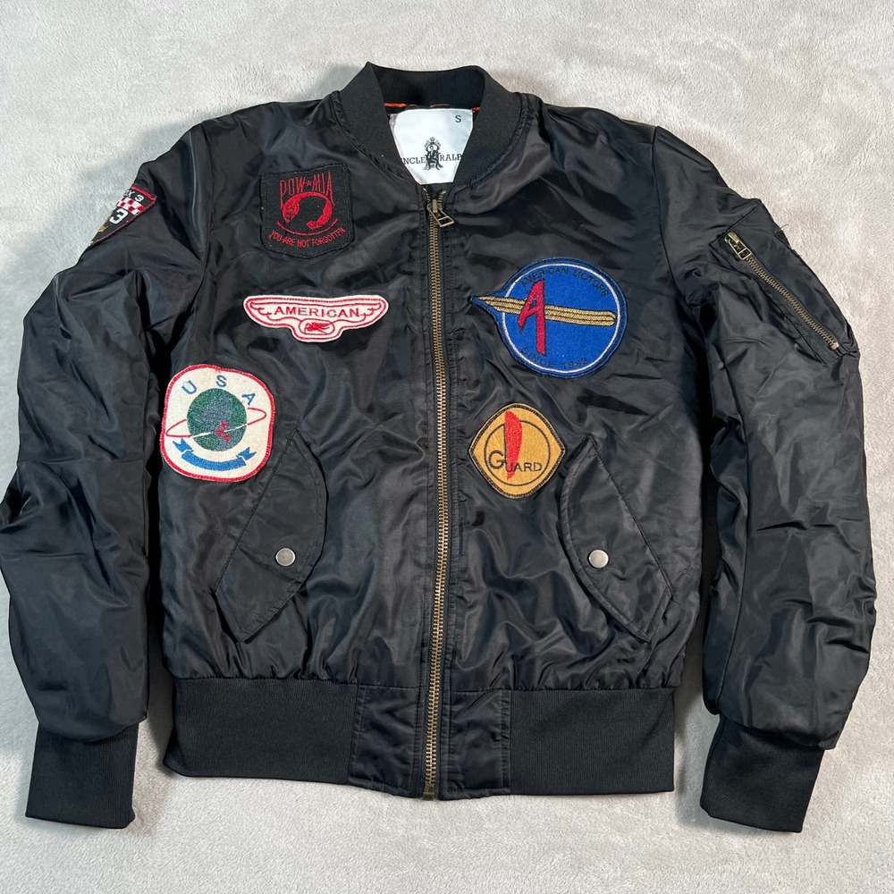 Uncle Ralph Flight Bomber Jacket Men's Small Black Multi Patch Military Style